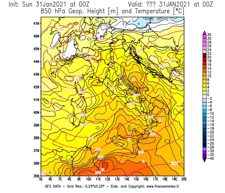 Mappa di analisi GFS - Geopotenziale [m] e Temperatura [°C] a 850 hPa in Italia
									del 31/01/2021 00 <!--googleoff: index-->UTC<!--googleon: index-->