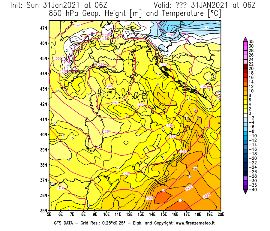 Mappa di analisi GFS - Geopotenziale [m] e Temperatura [°C] a 850 hPa in Italia
							del 31/01/2021 06 <!--googleoff: index-->UTC<!--googleon: index-->