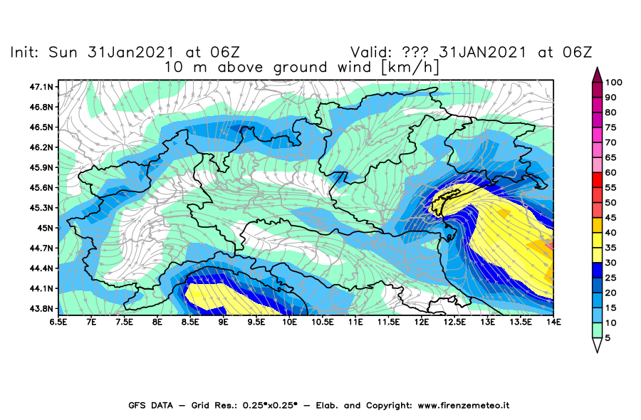 Mappa di analisi GFS - Velocità del vento a 10 metri dal suolo [km/h] in Nord-Italia
							del 31/01/2021 06 <!--googleoff: index-->UTC<!--googleon: index-->