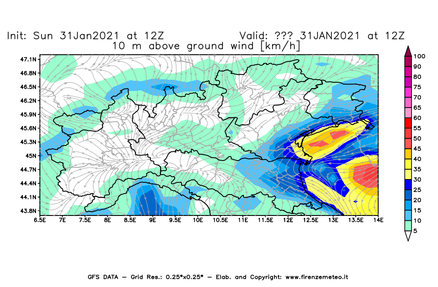 Mappa di analisi GFS - Velocità del vento a 10 metri dal suolo [km/h] in Nord-Italia
									del 31/01/2021 12 <!--googleoff: index-->UTC<!--googleon: index-->