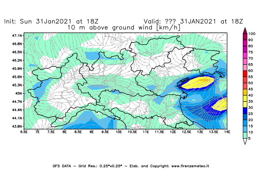 Mappa di analisi GFS - Velocità del vento a 10 metri dal suolo [km/h] in Nord-Italia
									del 31/01/2021 18 <!--googleoff: index-->UTC<!--googleon: index-->
