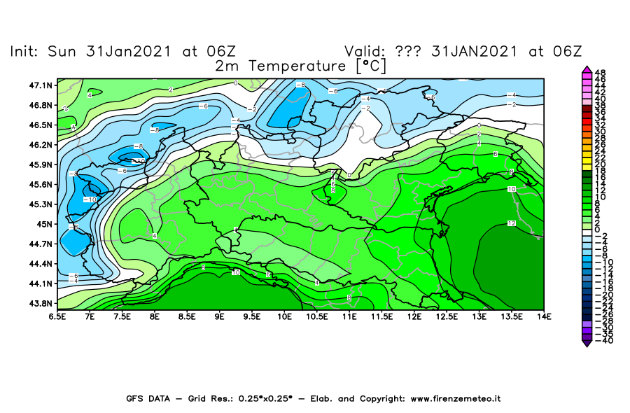 Mappa di analisi GFS - Temperatura a 2 metri dal suolo [°C] in Nord-Italia
							del 31/01/2021 06 <!--googleoff: index-->UTC<!--googleon: index-->