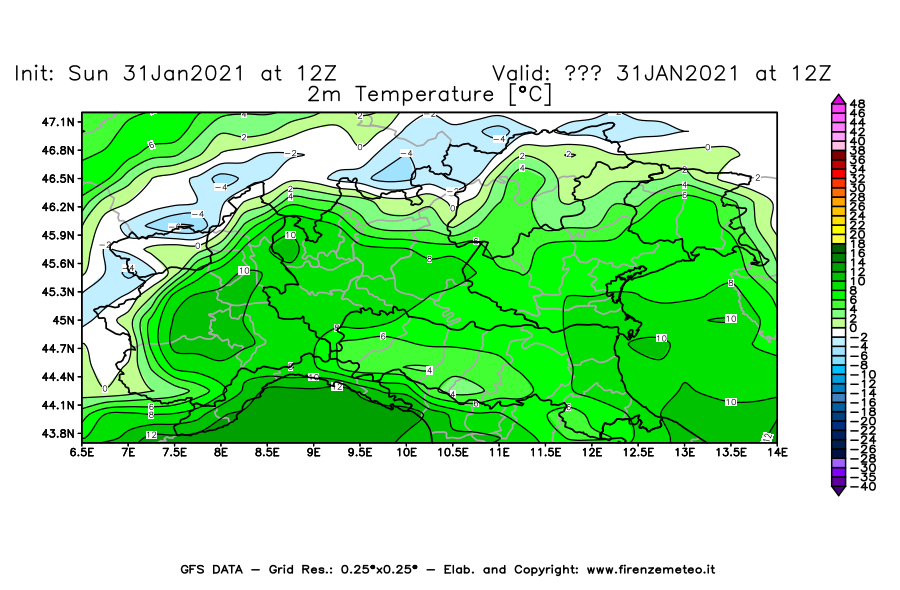 Mappa di analisi GFS - Temperatura a 2 metri dal suolo [°C] in Nord-Italia
									del 31/01/2021 12 <!--googleoff: index-->UTC<!--googleon: index-->
