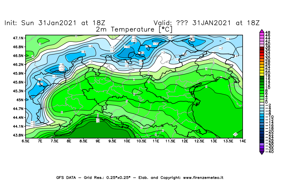 Mappa di analisi GFS - Temperatura a 2 metri dal suolo [°C] in Nord-Italia
									del 31/01/2021 18 <!--googleoff: index-->UTC<!--googleon: index-->