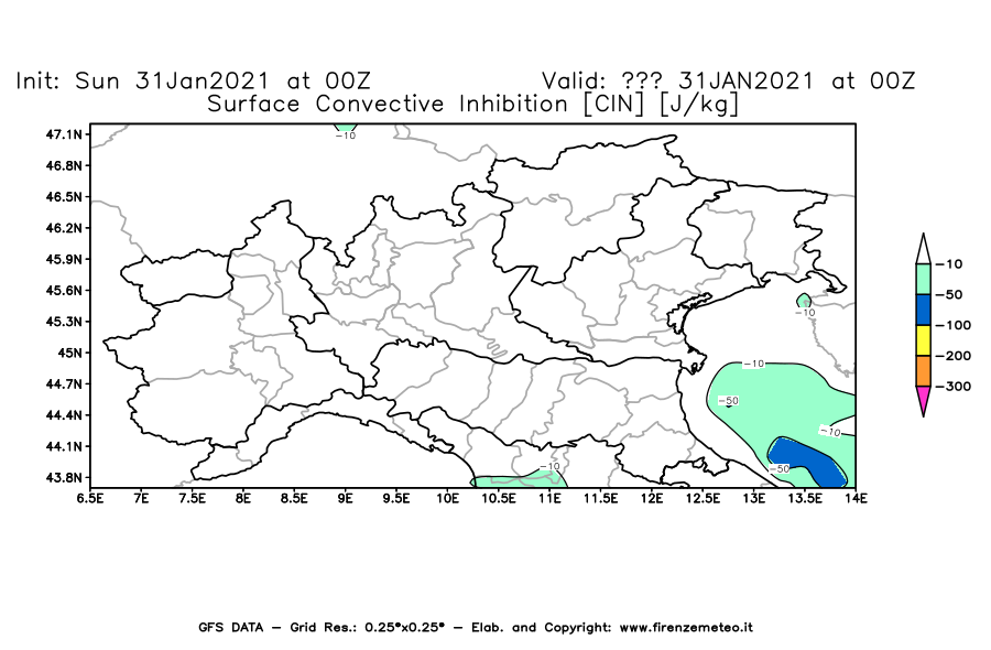 Mappa di analisi GFS - CIN [J/kg] in Nord-Italia
									del 31/01/2021 00 <!--googleoff: index-->UTC<!--googleon: index-->