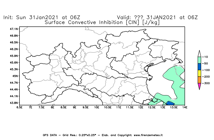 Mappa di analisi GFS - CIN [J/kg] in Nord-Italia
									del 31/01/2021 06 <!--googleoff: index-->UTC<!--googleon: index-->