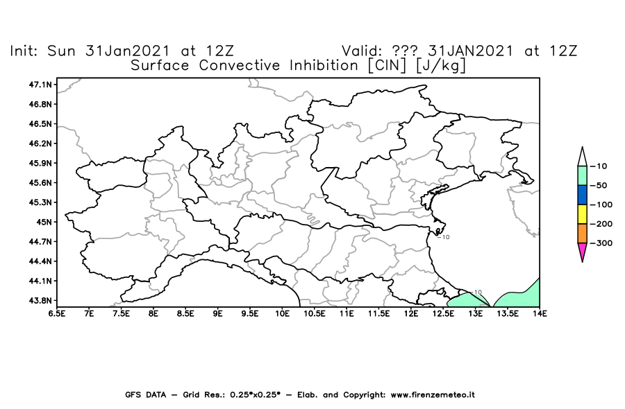 Mappa di analisi GFS - CIN [J/kg] in Nord-Italia
									del 31/01/2021 12 <!--googleoff: index-->UTC<!--googleon: index-->