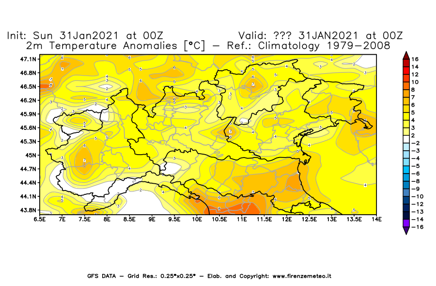 Mappa di analisi GFS - Anomalia Temperatura [°C] a 2 m in Nord-Italia
							del 31/01/2021 00 <!--googleoff: index-->UTC<!--googleon: index-->