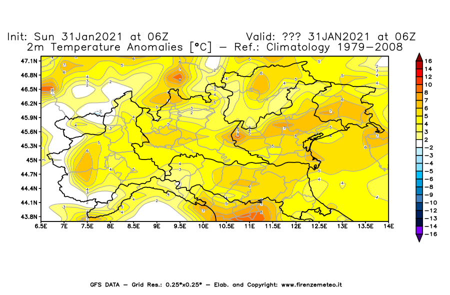 Mappa di analisi GFS - Anomalia Temperatura [°C] a 2 m in Nord-Italia
							del 31/01/2021 06 <!--googleoff: index-->UTC<!--googleon: index-->