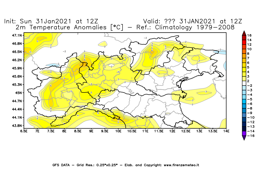 Mappa di analisi GFS - Anomalia Temperatura [°C] a 2 m in Nord-Italia
							del 31/01/2021 12 <!--googleoff: index-->UTC<!--googleon: index-->