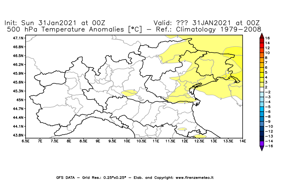 Mappa di analisi GFS - Anomalia Temperatura [°C] a 500 hPa in Nord-Italia
							del 31/01/2021 00 <!--googleoff: index-->UTC<!--googleon: index-->