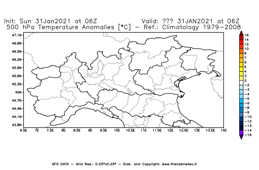 Mappa di analisi GFS - Anomalia Temperatura [°C] a 500 hPa in Nord-Italia
							del 31/01/2021 06 <!--googleoff: index-->UTC<!--googleon: index-->