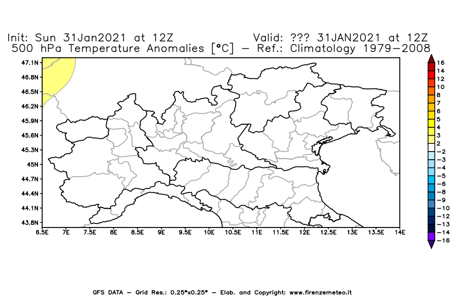 Mappa di analisi GFS - Anomalia Temperatura [°C] a 500 hPa in Nord-Italia
							del 31/01/2021 12 <!--googleoff: index-->UTC<!--googleon: index-->