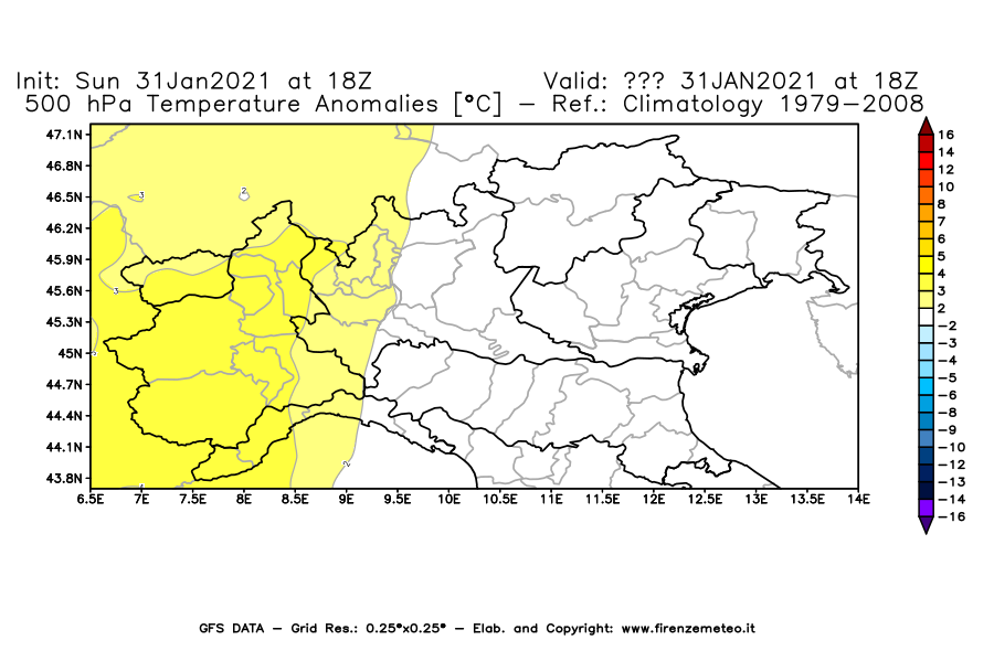 Mappa di analisi GFS - Anomalia Temperatura [°C] a 500 hPa in Nord-Italia
									del 31/01/2021 18 <!--googleoff: index-->UTC<!--googleon: index-->