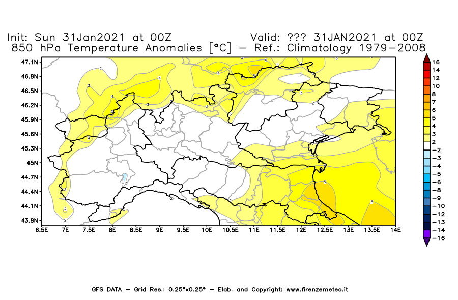 Mappa di analisi GFS - Anomalia Temperatura [°C] a 850 hPa in Nord-Italia
									del 31/01/2021 00 <!--googleoff: index-->UTC<!--googleon: index-->