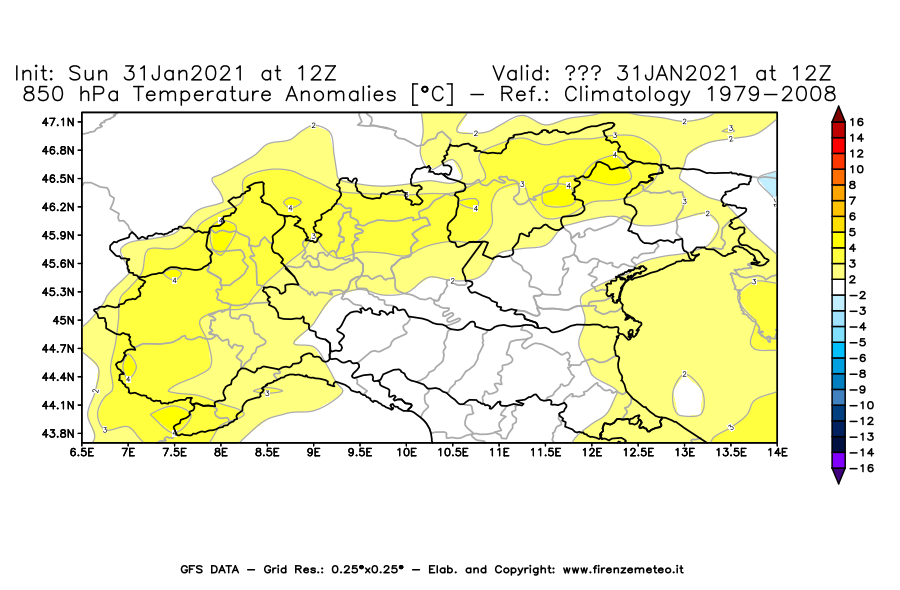 Mappa di analisi GFS - Anomalia Temperatura [°C] a 850 hPa in Nord-Italia
							del 31/01/2021 12 <!--googleoff: index-->UTC<!--googleon: index-->