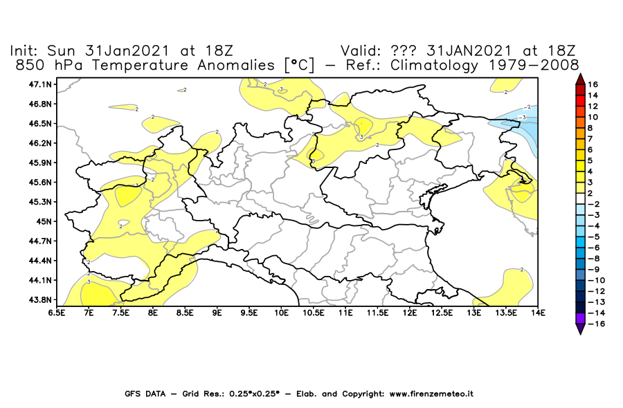Mappa di analisi GFS - Anomalia Temperatura [°C] a 850 hPa in Nord-Italia
							del 31/01/2021 18 <!--googleoff: index-->UTC<!--googleon: index-->