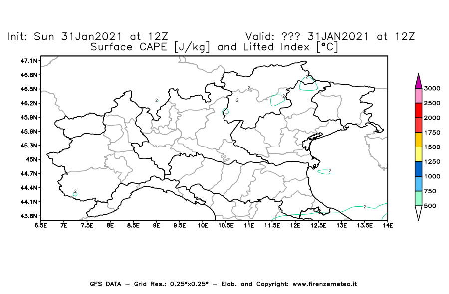 Mappa di analisi GFS - CAPE [J/kg] e Lifted Index [°C] in Nord-Italia
							del 31/01/2021 12 <!--googleoff: index-->UTC<!--googleon: index-->