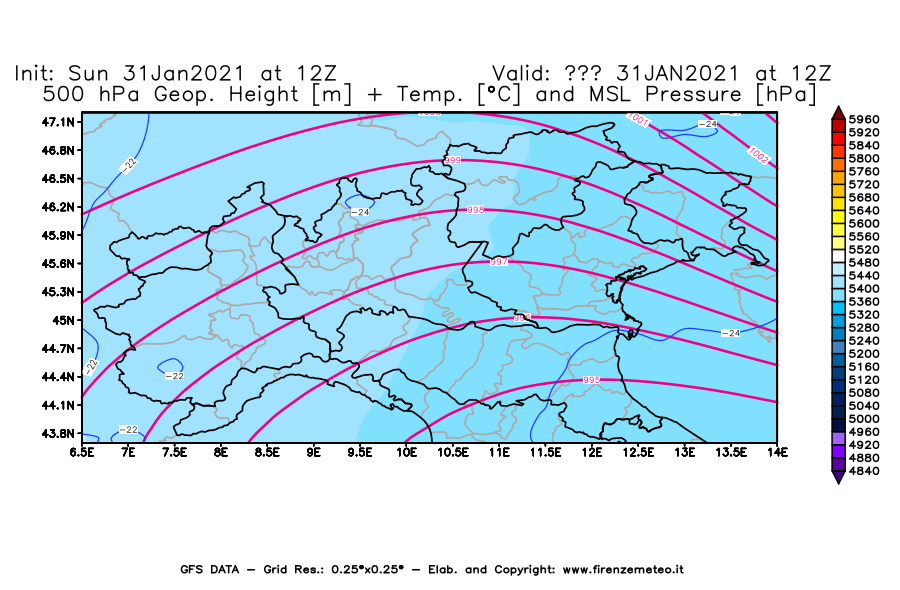 Mappa di analisi GFS - Geopotenziale [m] + Temp. [°C] a 500 hPa + Press. a livello del mare [hPa] in Nord-Italia
									del 31/01/2021 12 <!--googleoff: index-->UTC<!--googleon: index-->