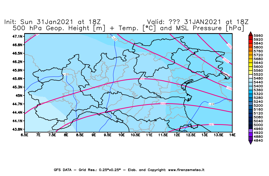 Mappa di analisi GFS - Geopotenziale [m] + Temp. [°C] a 500 hPa + Press. a livello del mare [hPa] in Nord-Italia
									del 31/01/2021 18 <!--googleoff: index-->UTC<!--googleon: index-->