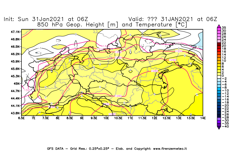 Mappa di analisi GFS - Geopotenziale [m] e Temperatura [°C] a 850 hPa in Nord-Italia
									del 31/01/2021 06 <!--googleoff: index-->UTC<!--googleon: index-->