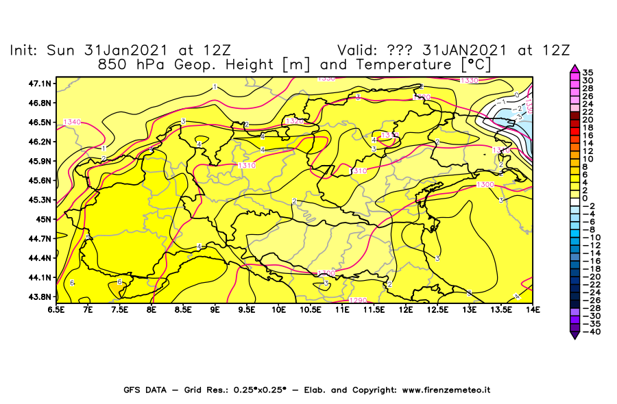 Mappa di analisi GFS - Geopotenziale [m] e Temperatura [°C] a 850 hPa in Nord-Italia
							del 31/01/2021 12 <!--googleoff: index-->UTC<!--googleon: index-->