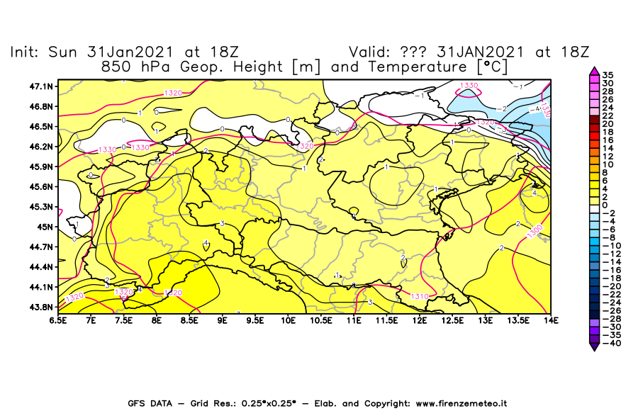 Mappa di analisi GFS - Geopotenziale [m] e Temperatura [°C] a 850 hPa in Nord-Italia
							del 31/01/2021 18 <!--googleoff: index-->UTC<!--googleon: index-->
