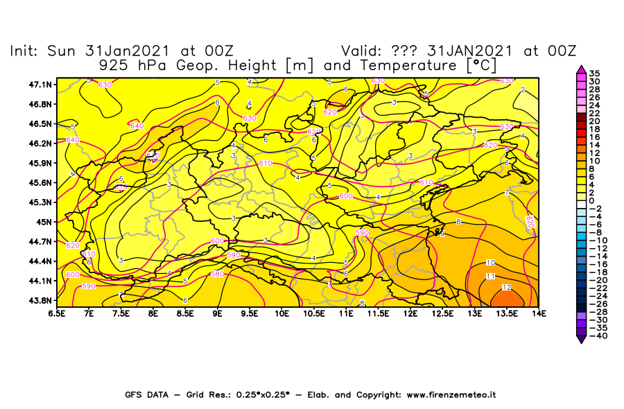 Mappa di analisi GFS - Geopotenziale [m] e Temperatura [°C] a 925 hPa in Nord-Italia
							del 31/01/2021 00 <!--googleoff: index-->UTC<!--googleon: index-->