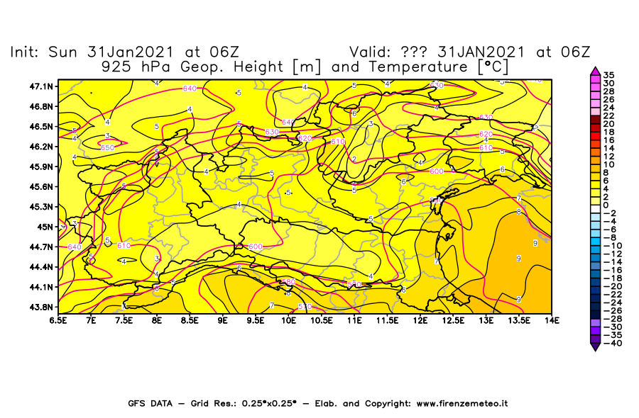 Mappa di analisi GFS - Geopotenziale [m] e Temperatura [°C] a 925 hPa in Nord-Italia
							del 31/01/2021 06 <!--googleoff: index-->UTC<!--googleon: index-->