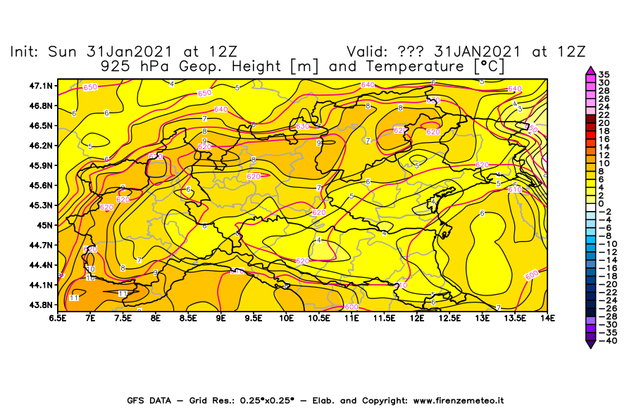 Mappa di analisi GFS - Geopotenziale [m] e Temperatura [°C] a 925 hPa in Nord-Italia
							del 31/01/2021 12 <!--googleoff: index-->UTC<!--googleon: index-->