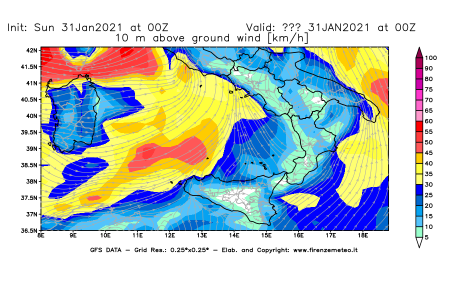 Mappa di analisi GFS - Velocità del vento a 10 metri dal suolo [km/h] in Sud-Italia
									del 31/01/2021 00 <!--googleoff: index-->UTC<!--googleon: index-->