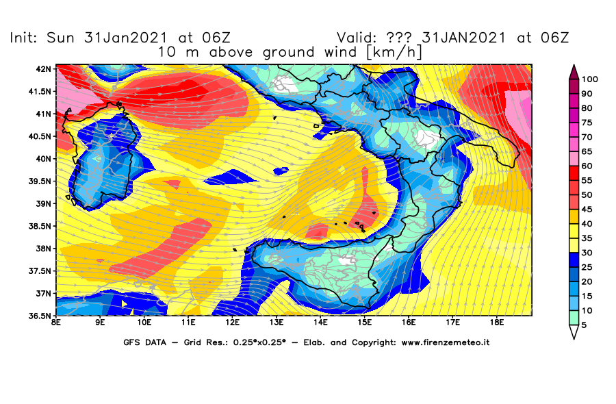 Mappa di analisi GFS - Velocità del vento a 10 metri dal suolo [km/h] in Sud-Italia
									del 31/01/2021 06 <!--googleoff: index-->UTC<!--googleon: index-->