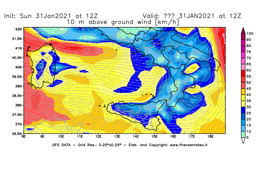 Mappa di analisi GFS - Velocità del vento a 10 metri dal suolo [km/h] in Sud-Italia
									del 31/01/2021 12 <!--googleoff: index-->UTC<!--googleon: index-->