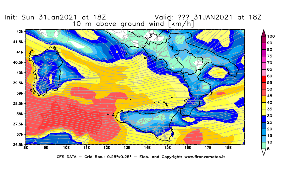 Mappa di analisi GFS - Velocità del vento a 10 metri dal suolo [km/h] in Sud-Italia
							del 31/01/2021 18 <!--googleoff: index-->UTC<!--googleon: index-->