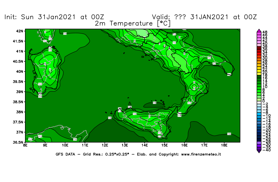 Mappa di analisi GFS - Temperatura a 2 metri dal suolo [°C] in Sud-Italia
							del 31/01/2021 00 <!--googleoff: index-->UTC<!--googleon: index-->