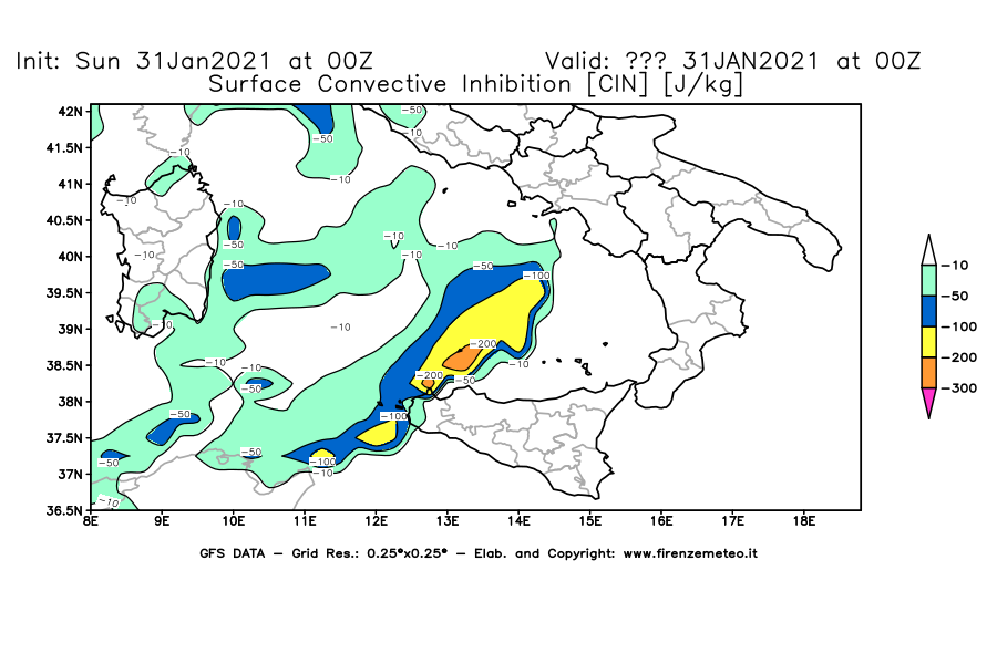 Mappa di analisi GFS - CIN [J/kg] in Sud-Italia
							del 31/01/2021 00 <!--googleoff: index-->UTC<!--googleon: index-->