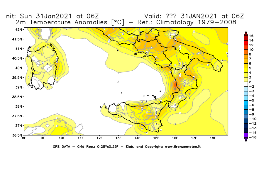 Mappa di analisi GFS - Anomalia Temperatura [°C] a 2 m in Sud-Italia
							del 31/01/2021 06 <!--googleoff: index-->UTC<!--googleon: index-->
