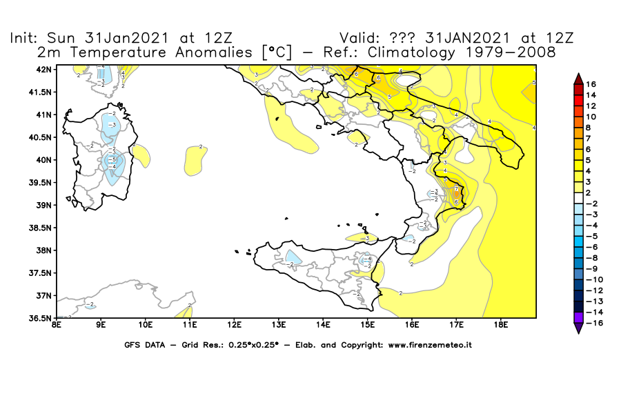 Mappa di analisi GFS - Anomalia Temperatura [°C] a 2 m in Sud-Italia
							del 31/01/2021 12 <!--googleoff: index-->UTC<!--googleon: index-->
