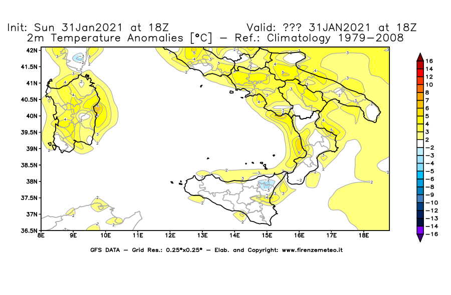 Mappa di analisi GFS - Anomalia Temperatura [°C] a 2 m in Sud-Italia
									del 31/01/2021 18 <!--googleoff: index-->UTC<!--googleon: index-->