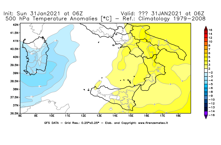 Mappa di analisi GFS - Anomalia Temperatura [°C] a 500 hPa in Sud-Italia
							del 31/01/2021 06 <!--googleoff: index-->UTC<!--googleon: index-->
