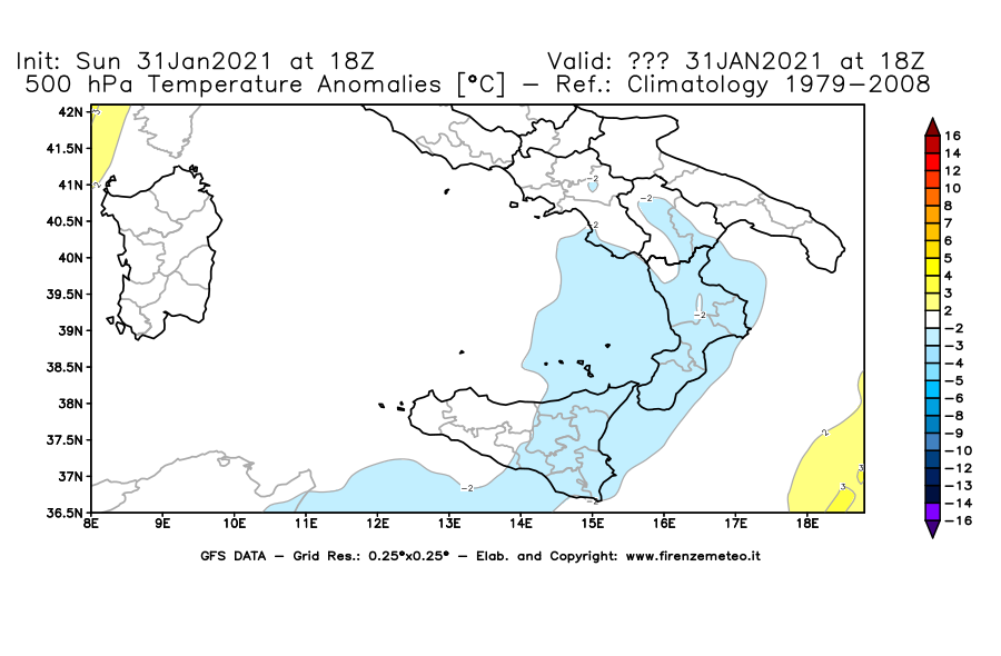 Mappa di analisi GFS - Anomalia Temperatura [°C] a 500 hPa in Sud-Italia
							del 31/01/2021 18 <!--googleoff: index-->UTC<!--googleon: index-->