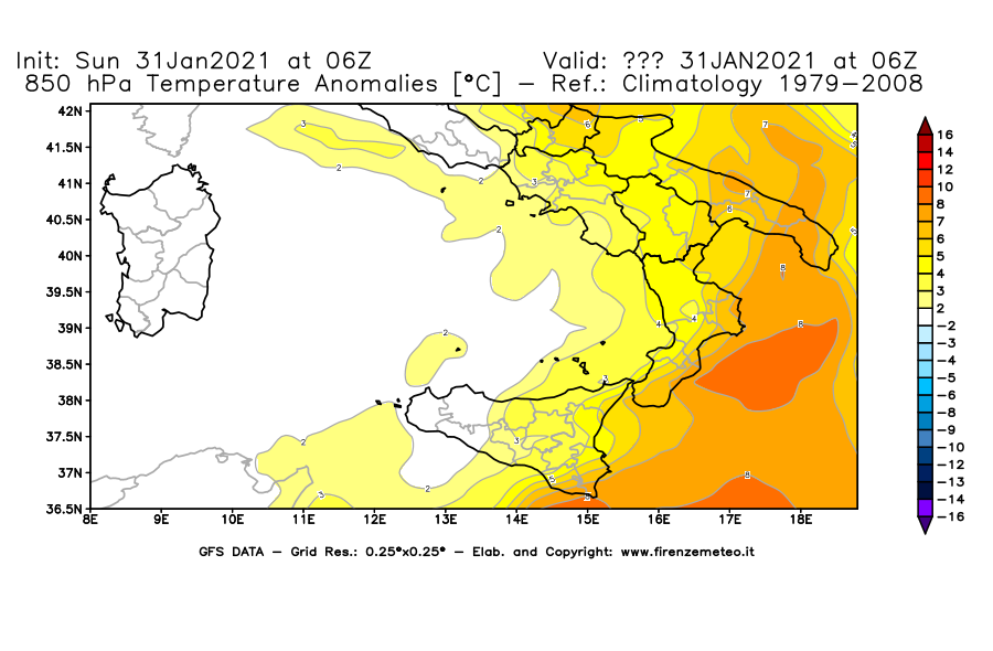 Mappa di analisi GFS - Anomalia Temperatura [°C] a 850 hPa in Sud-Italia
							del 31/01/2021 06 <!--googleoff: index-->UTC<!--googleon: index-->