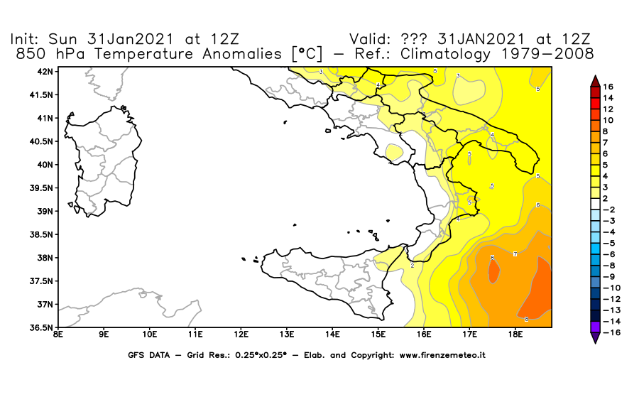 Mappa di analisi GFS - Anomalia Temperatura [°C] a 850 hPa in Sud-Italia
							del 31/01/2021 12 <!--googleoff: index-->UTC<!--googleon: index-->