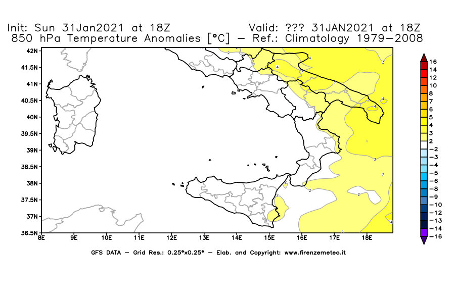 Mappa di analisi GFS - Anomalia Temperatura [°C] a 850 hPa in Sud-Italia
									del 31/01/2021 18 <!--googleoff: index-->UTC<!--googleon: index-->