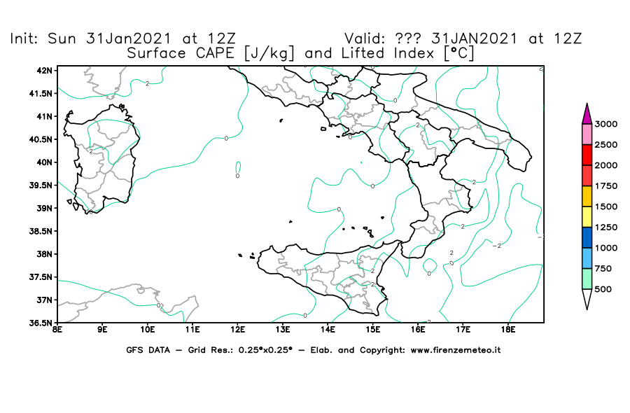 Mappa di analisi GFS - CAPE [J/kg] e Lifted Index [°C] in Sud-Italia
							del 31/01/2021 12 <!--googleoff: index-->UTC<!--googleon: index-->