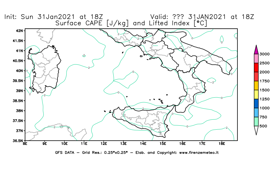 Mappa di analisi GFS - CAPE [J/kg] e Lifted Index [°C] in Sud-Italia
									del 31/01/2021 18 <!--googleoff: index-->UTC<!--googleon: index-->