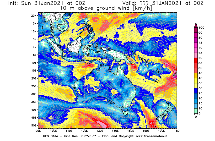 Mappa di analisi GFS - Velocità del vento a 10 metri dal suolo [km/h] in Oceania
									del 31/01/2021 00 <!--googleoff: index-->UTC<!--googleon: index-->