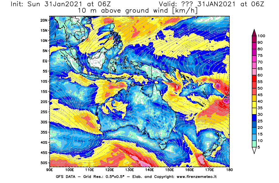 Mappa di analisi GFS - Velocità del vento a 10 metri dal suolo [km/h] in Oceania
							del 31/01/2021 06 <!--googleoff: index-->UTC<!--googleon: index-->