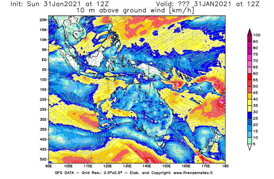 Mappa di analisi GFS - Velocità del vento a 10 metri dal suolo [km/h] in Oceania
									del 31/01/2021 12 <!--googleoff: index-->UTC<!--googleon: index-->