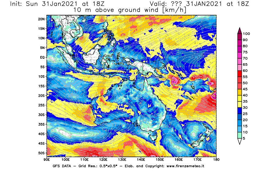 Mappa di analisi GFS - Velocità del vento a 10 metri dal suolo [km/h] in Oceania
							del 31/01/2021 18 <!--googleoff: index-->UTC<!--googleon: index-->